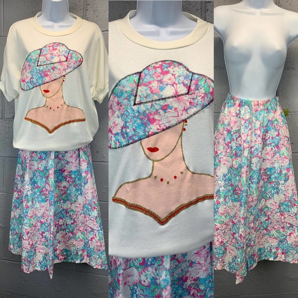 80s 2 piece Pastel Floral Skirt Statement Piece Appliqué New Wave Barbiecore B1 - Picture 1 of 10